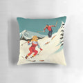 Retro skiing art pillow featuring a classic skiing scene with a blonde woman on the slopes