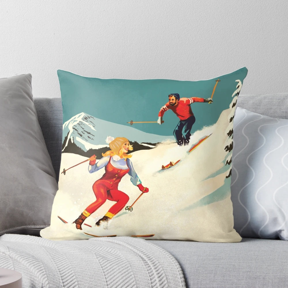 Retro skiing art pillow featuring a classic skiing scene with a blonde woman on the slopes