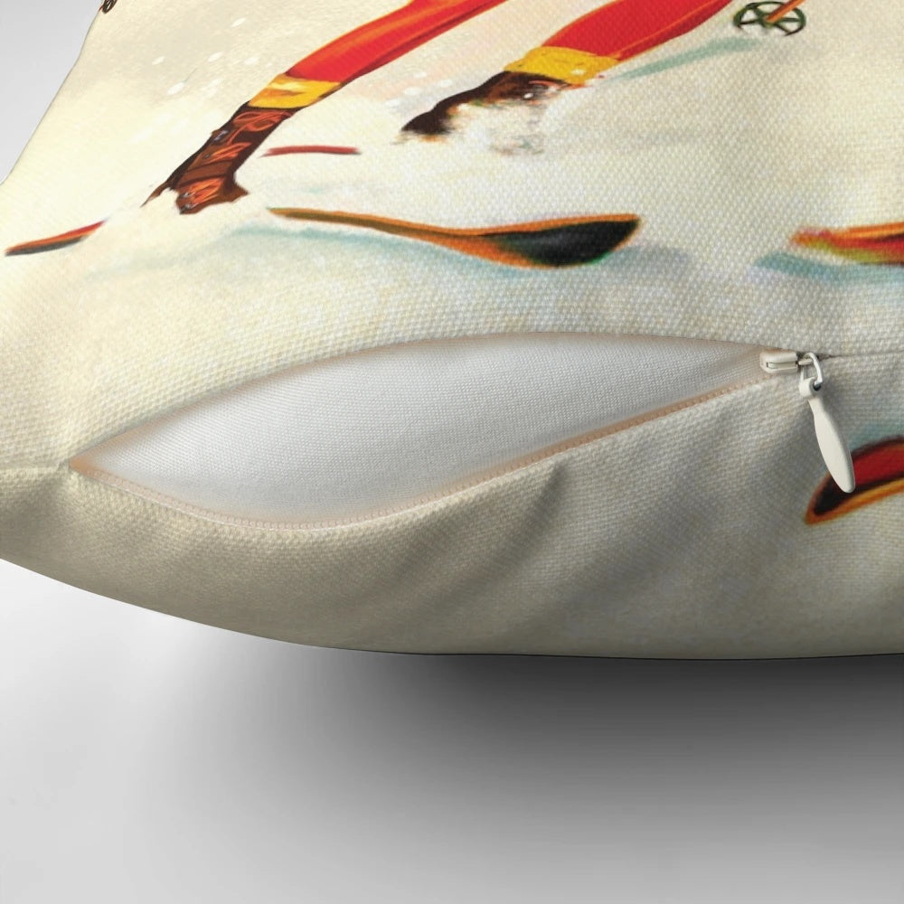 Retro skiing art pillow featuring a classic skiing scene with a blonde woman on the slopes