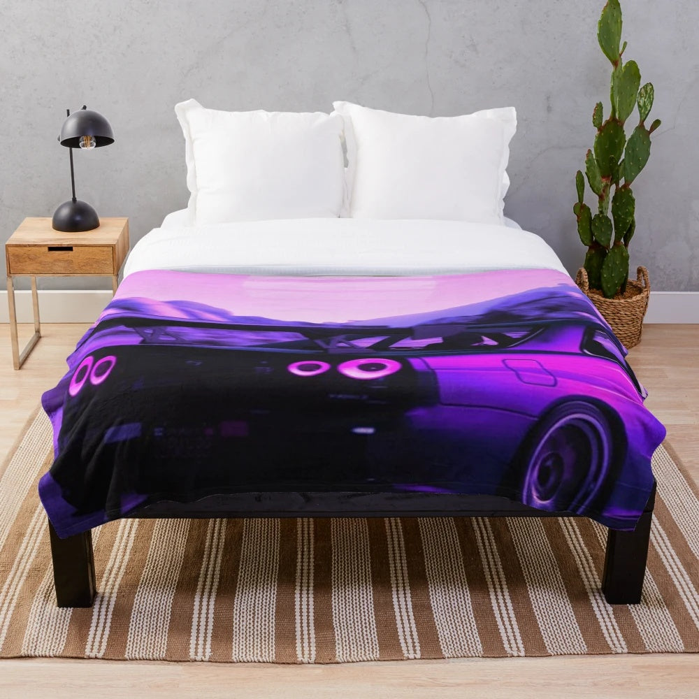 Skyline GTR R34 inspired plush blanket with vaporwave and retro aesthetic
