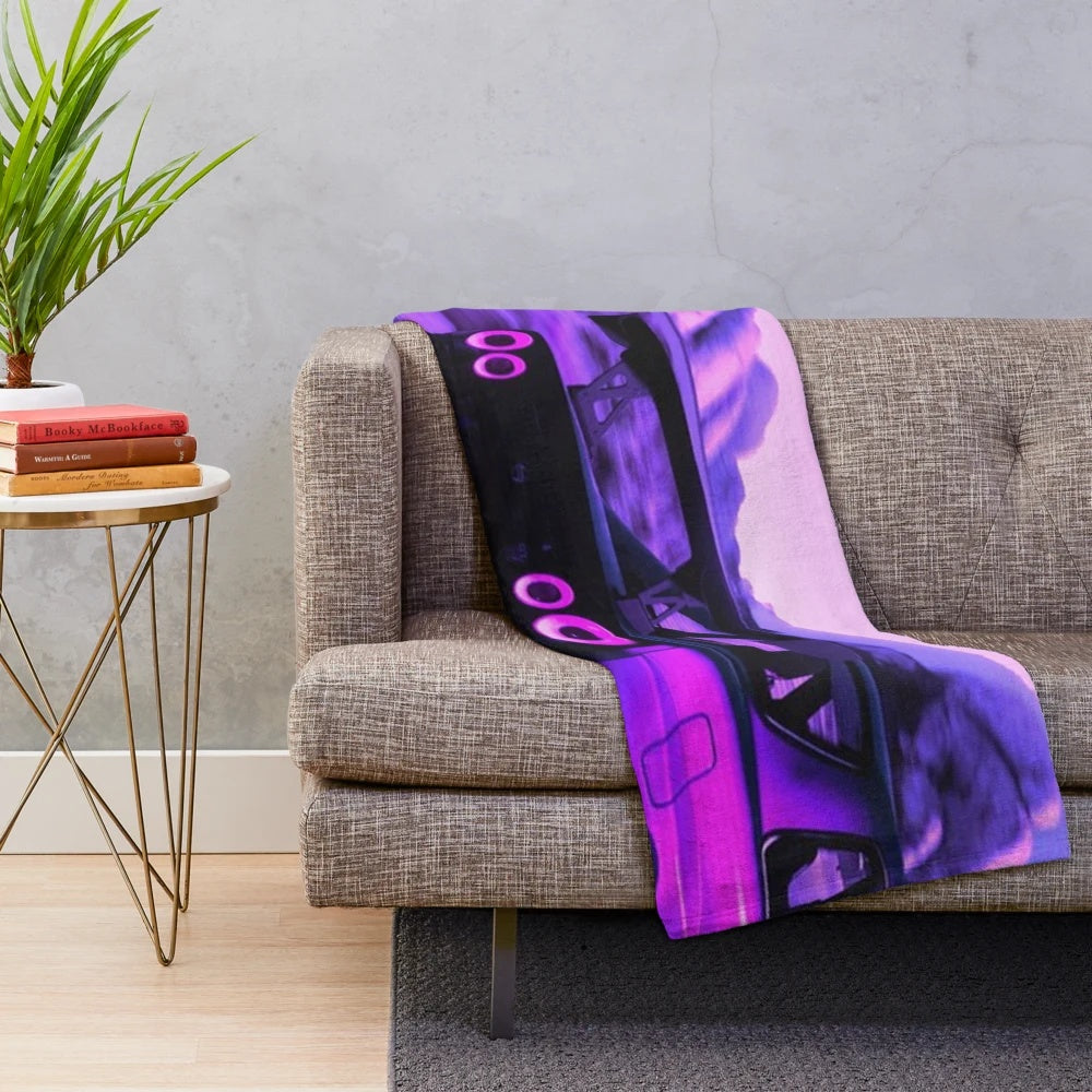 Skyline GTR R34 inspired plush blanket with vaporwave and retro aesthetic
