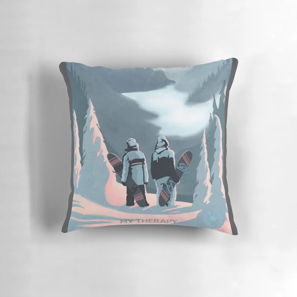 Retro snowboard therapy pillow featuring a snowy mountain landscape