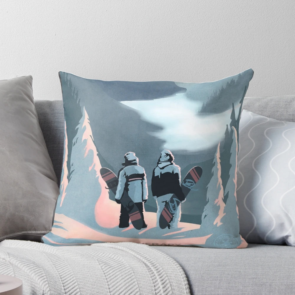 Retro snowboard therapy pillow featuring a snowy mountain landscape