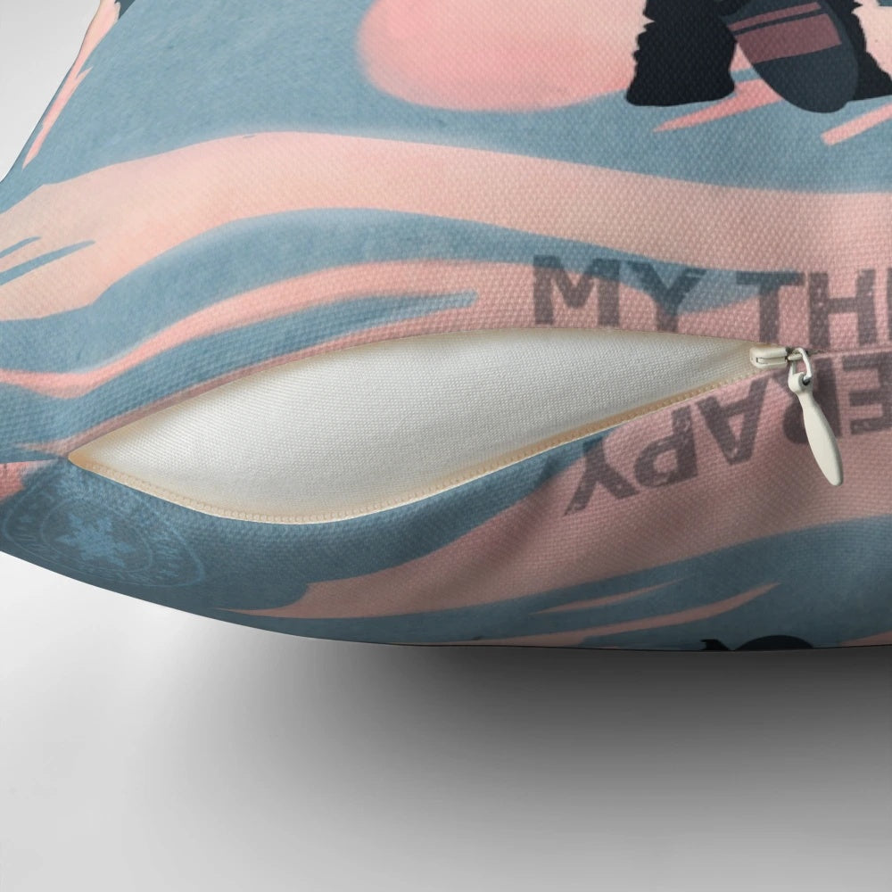 Retro snowboard therapy pillow featuring a snowy mountain landscape