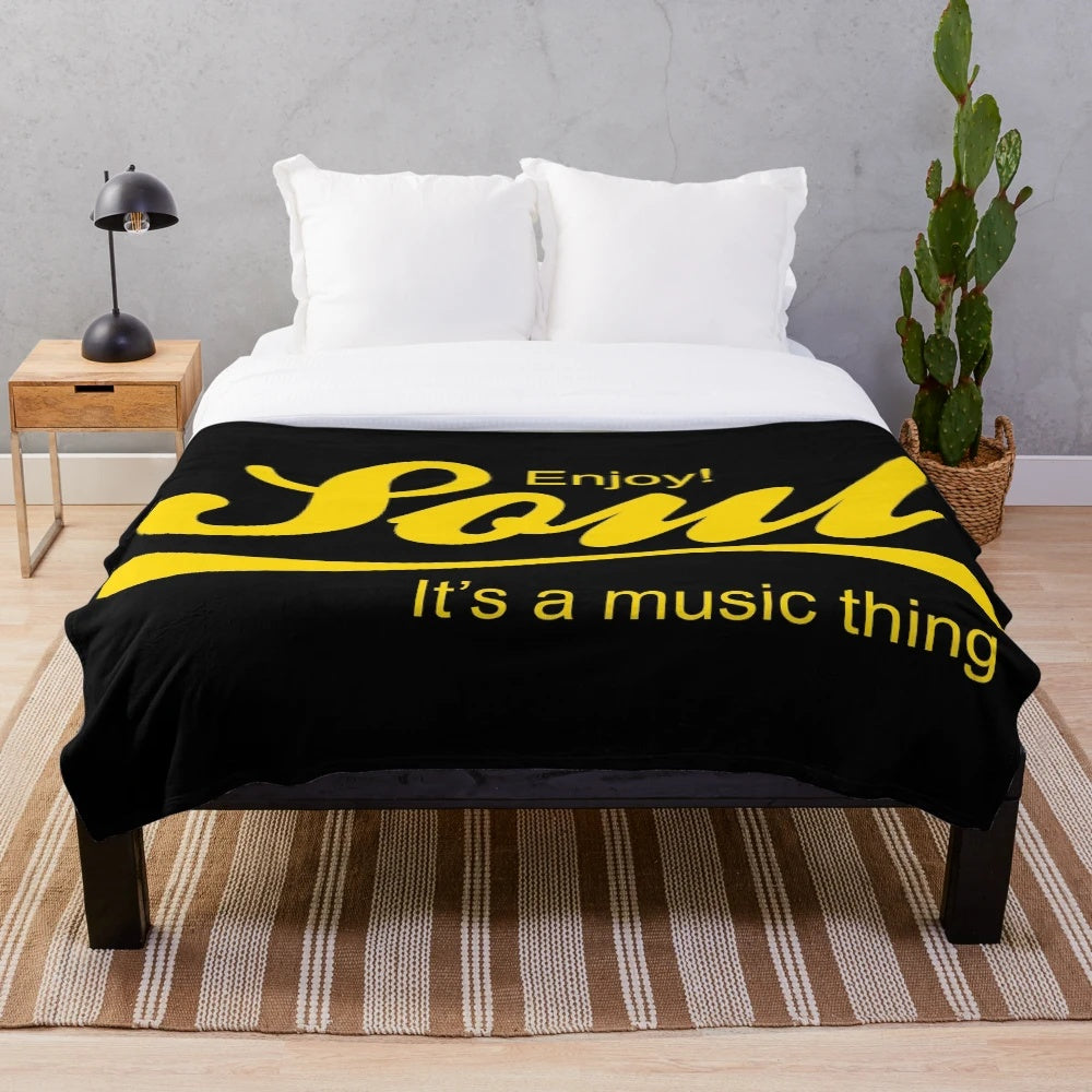 Retro-styled plush blanket with "Enjoy Soul" cola parody design, perfect for soul music fans