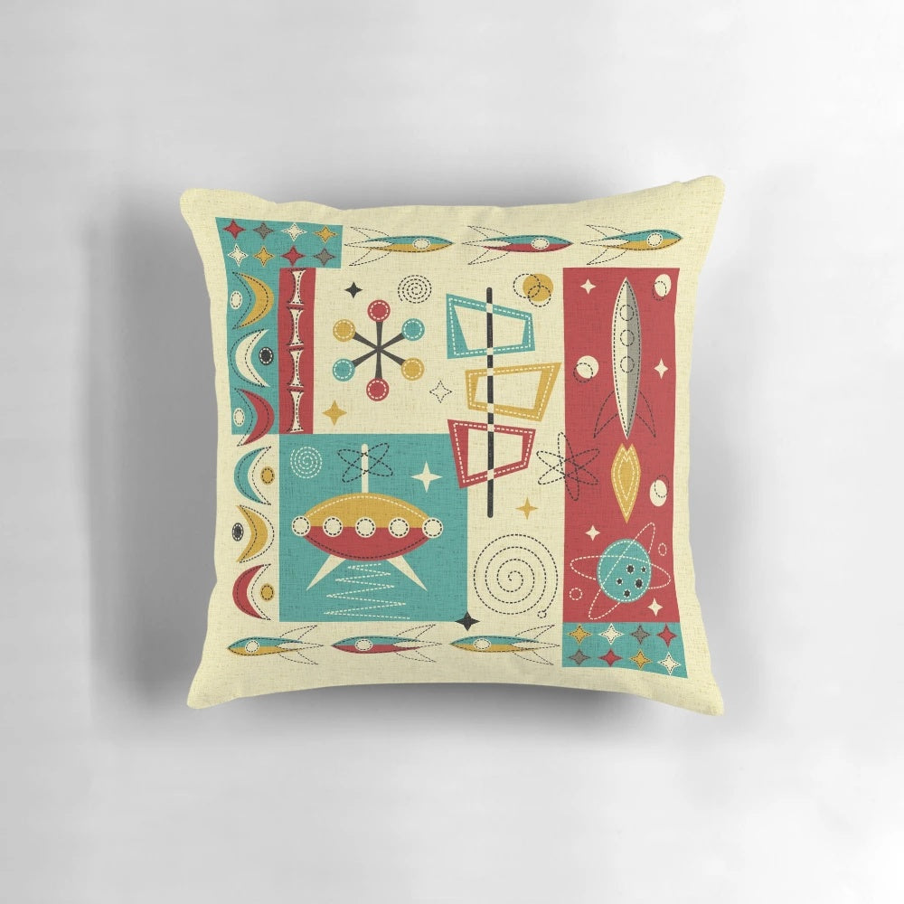Retro space age cosmic pillow with vintage sci-fi atomic rocket design