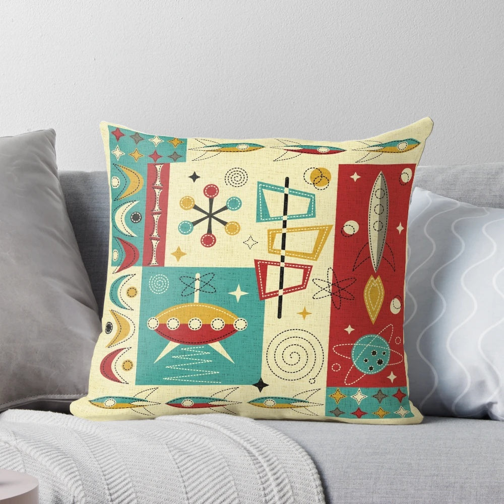 Retro space age cosmic pillow with vintage sci-fi atomic rocket design