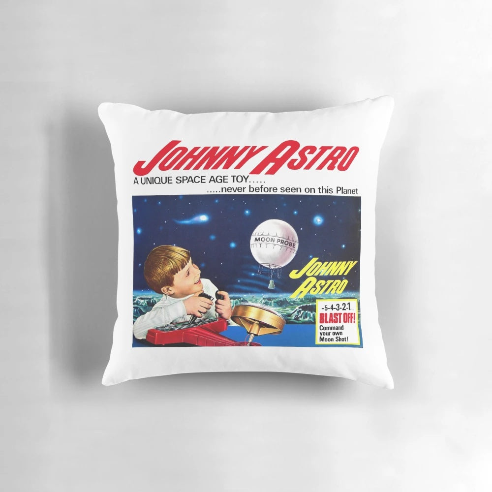 Retro space-themed pillow with 1960s advertisement design featuring a space-age toy