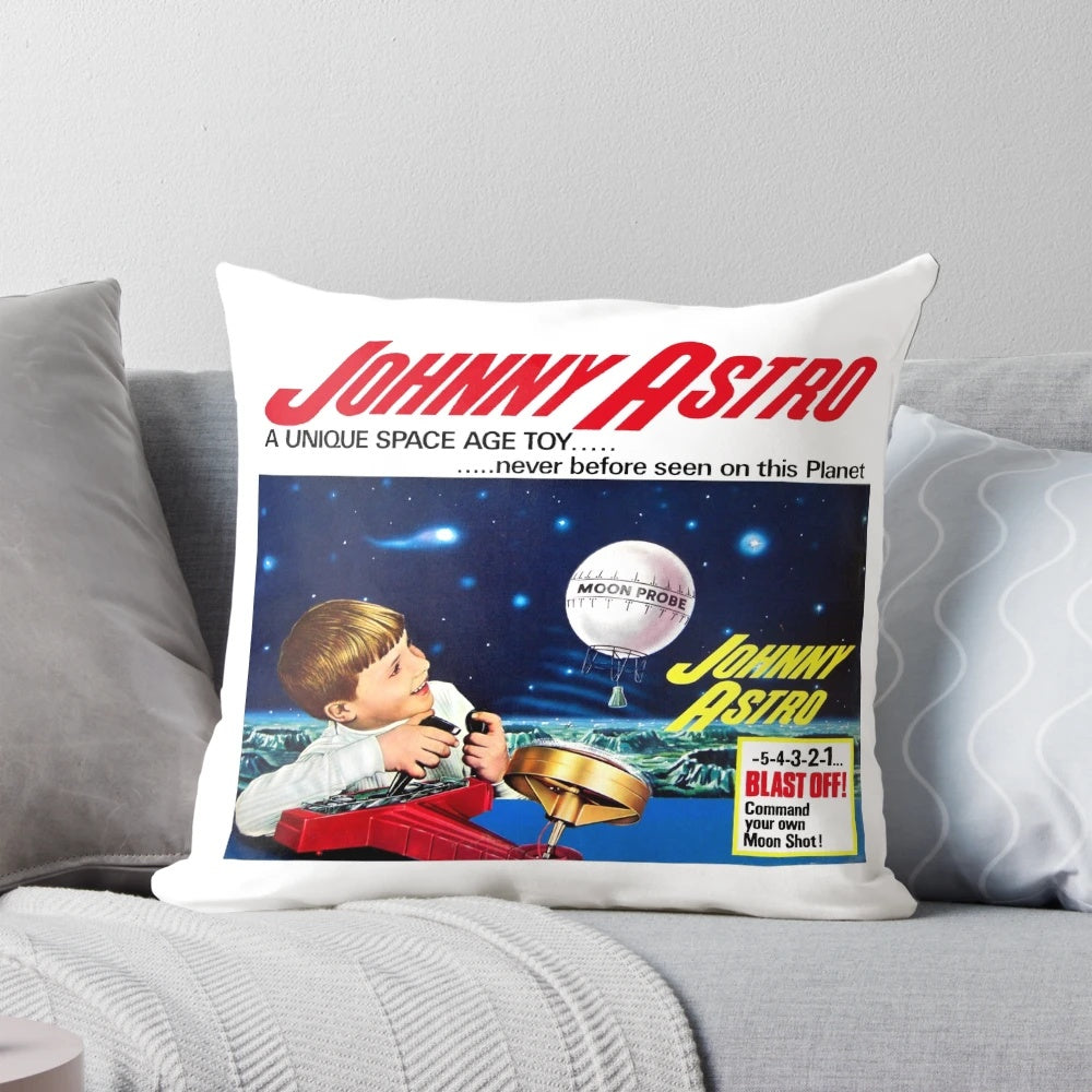 Retro space-themed pillow with 1960s advertisement design featuring a space-age toy