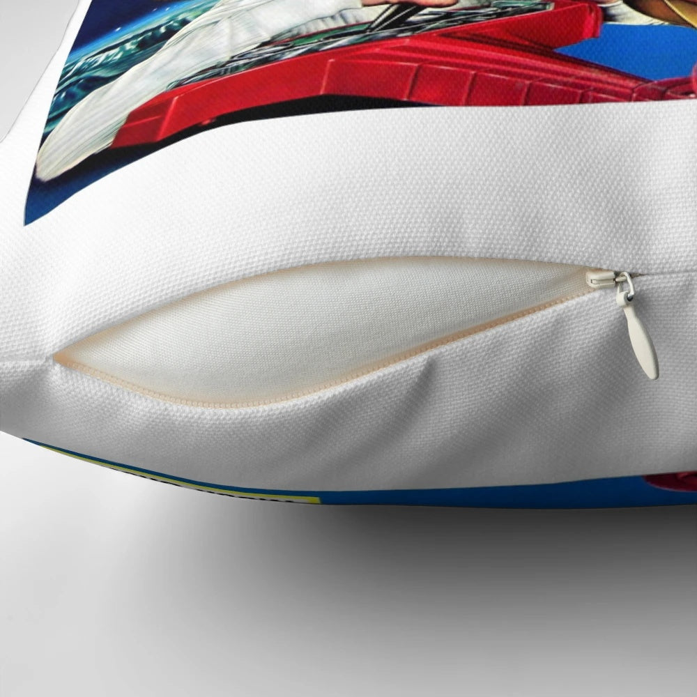 Retro space-themed pillow with 1960s advertisement design featuring a space-age toy