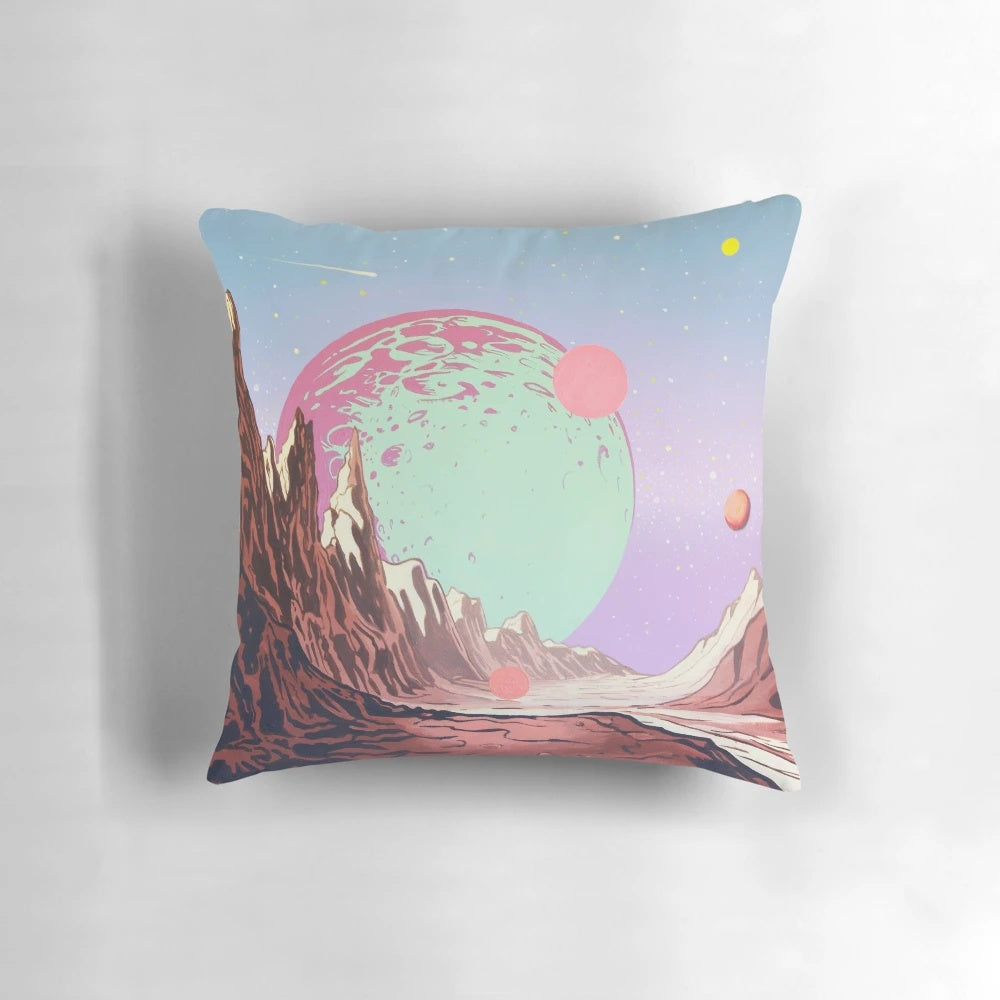 A vintage-style green pillow with a crescent moon design, perfect for space and pop culture enthusiasts.