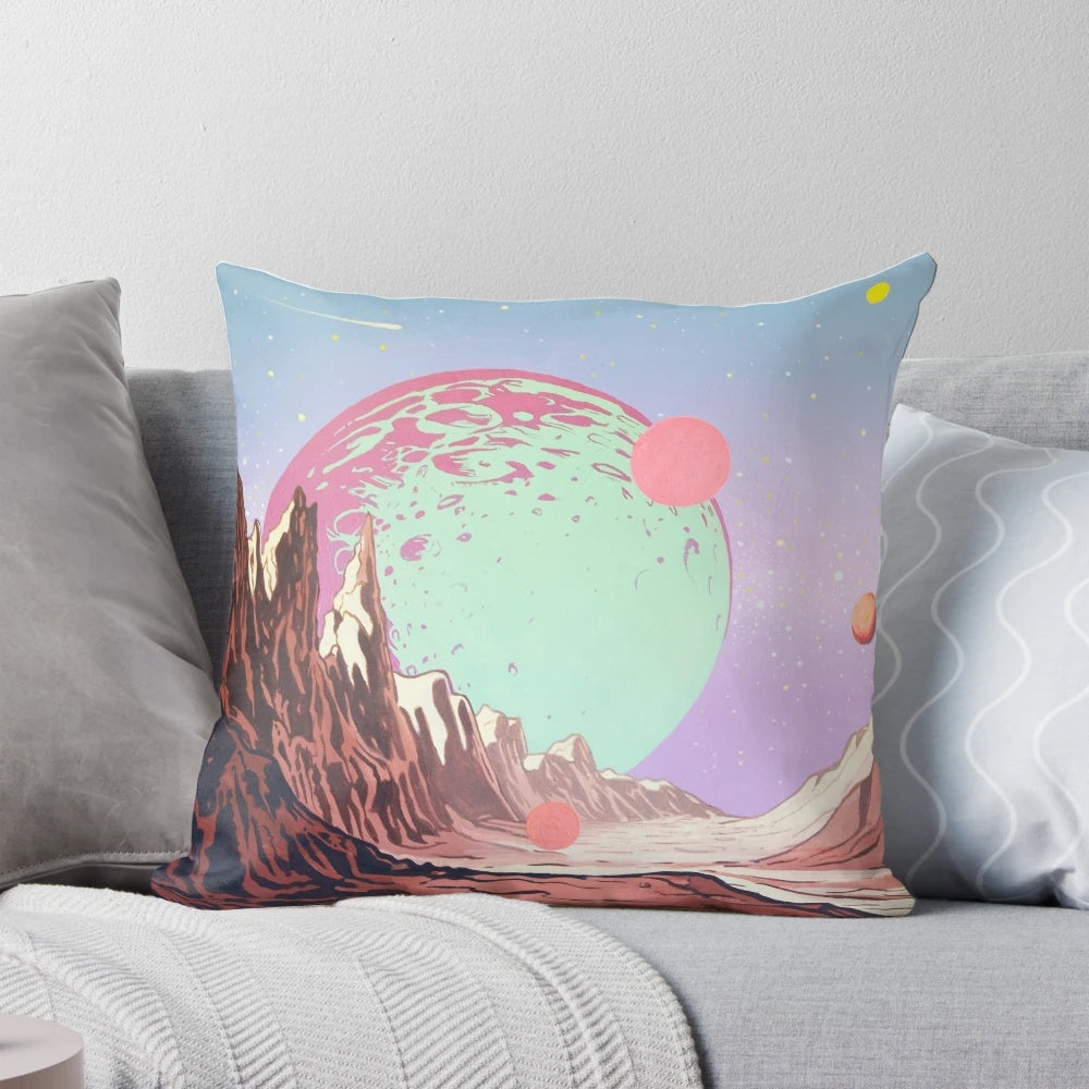 A vintage-style green pillow with a crescent moon design, perfect for space and pop culture enthusiasts.