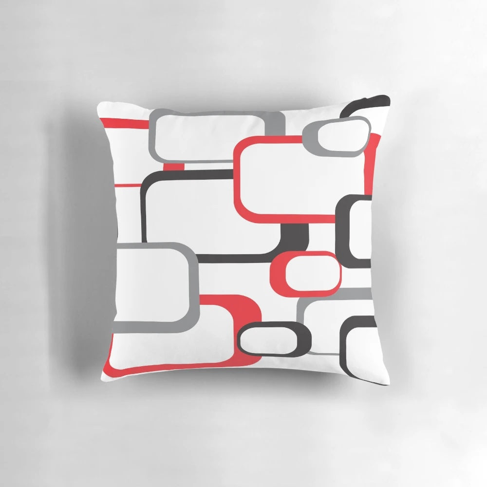 Retro square pattern decorative pillow in black, red, gray, and white colors