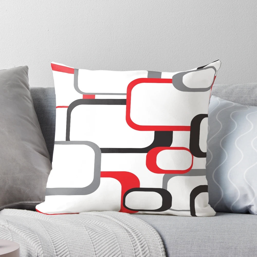 Retro square pattern decorative pillow in black, red, gray, and white colors