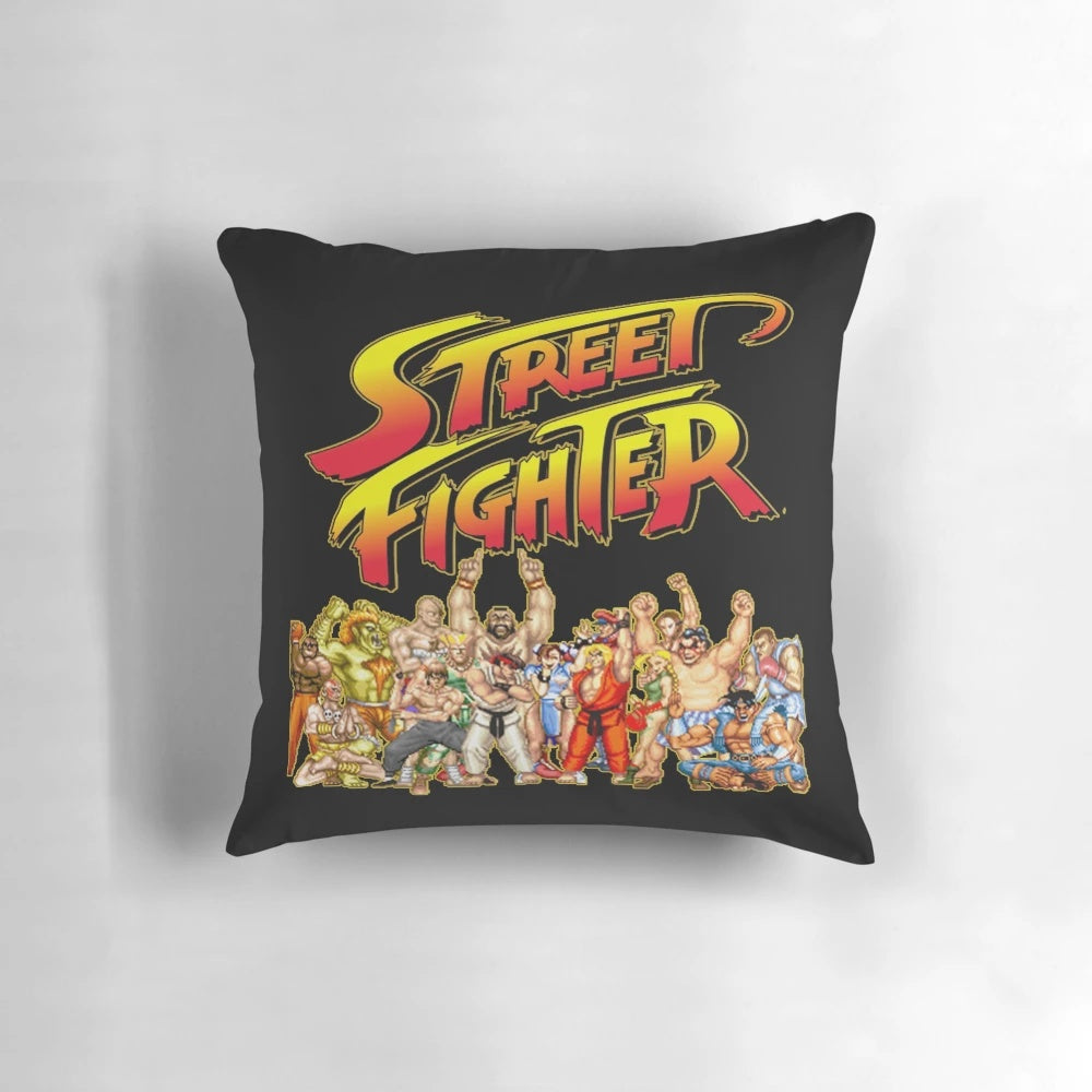 Retro Street Fighter gaming pillow featuring classic characters Ryu, Akuma, and Ken