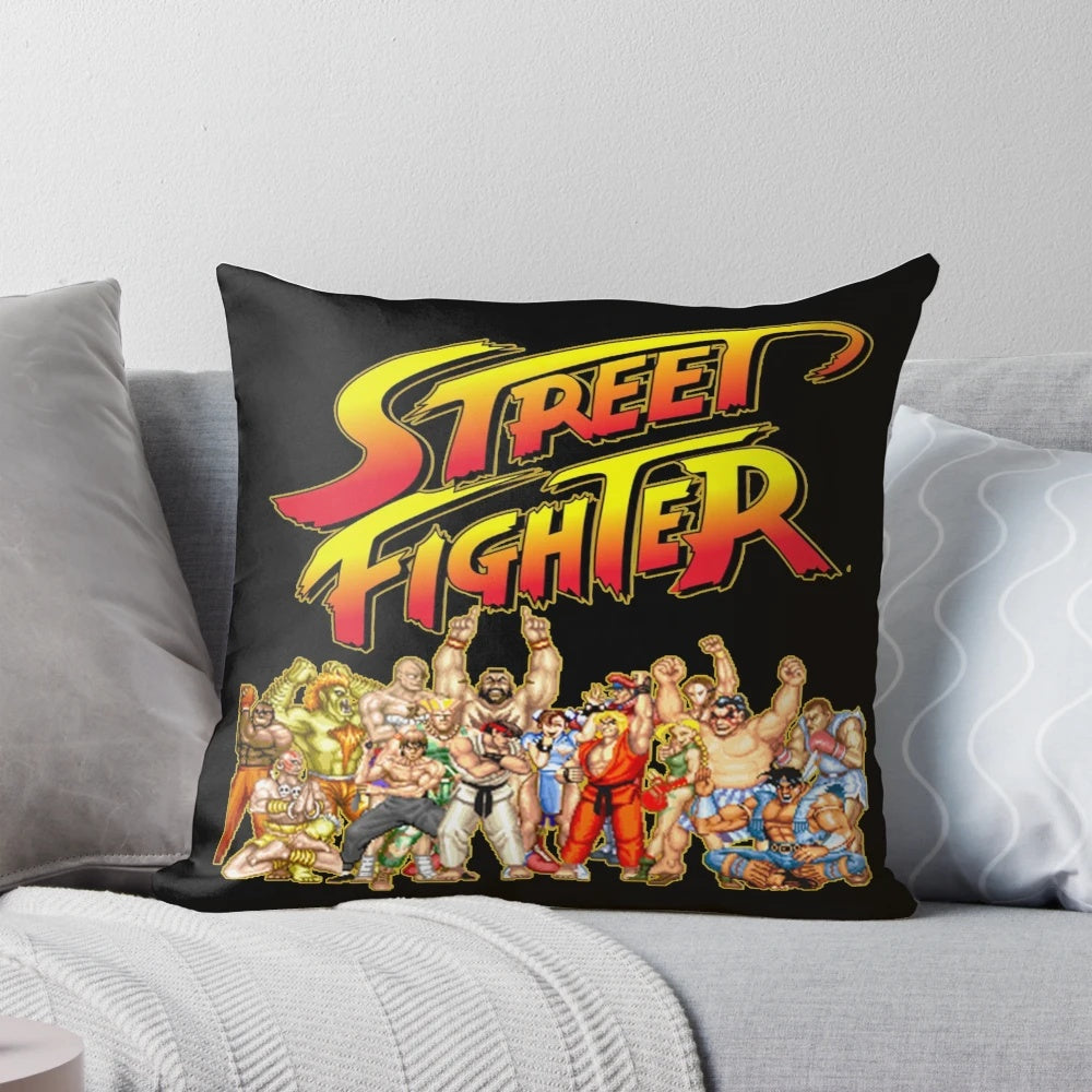 Retro Street Fighter gaming pillow featuring classic characters Ryu, Akuma, and Ken