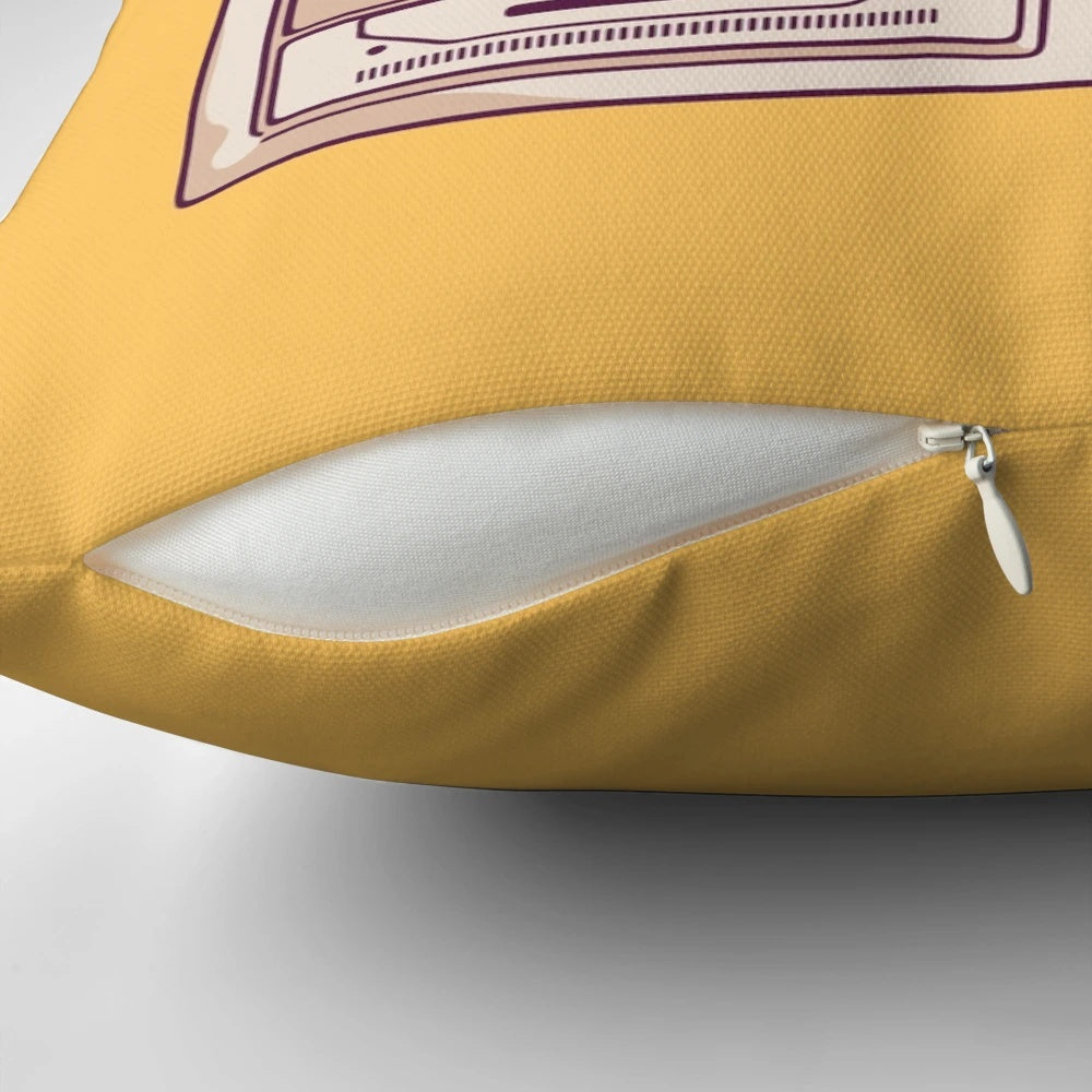Vibrant yellow pillow with a retro-style boombox graphic, perfect for adding a touch of 80s nostalgia to any room.
