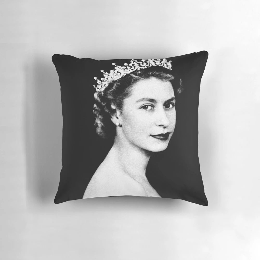 Retro-style pillow featuring a vintage photo of Queen Elizabeth II