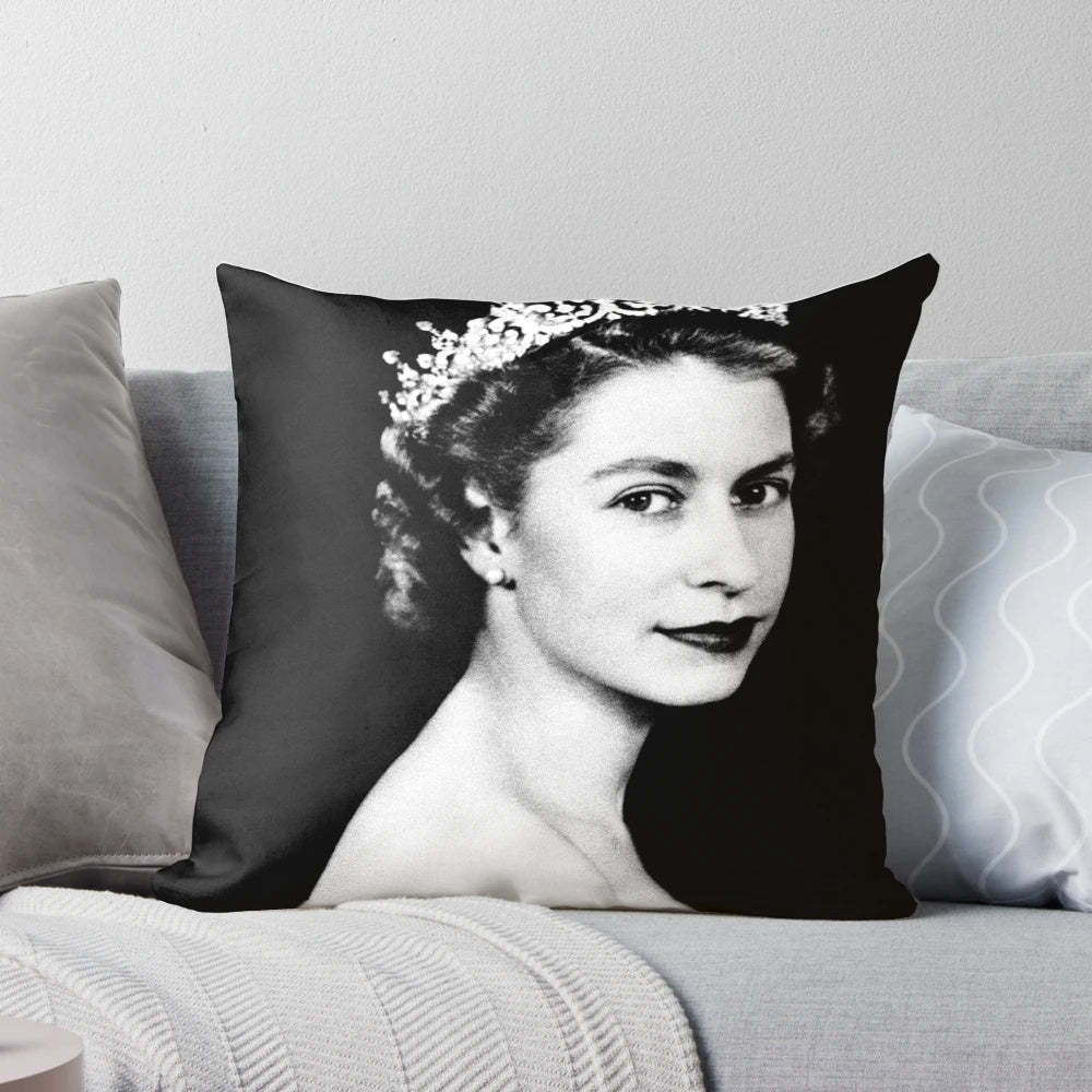 Retro-style pillow featuring a vintage photo of Queen Elizabeth II