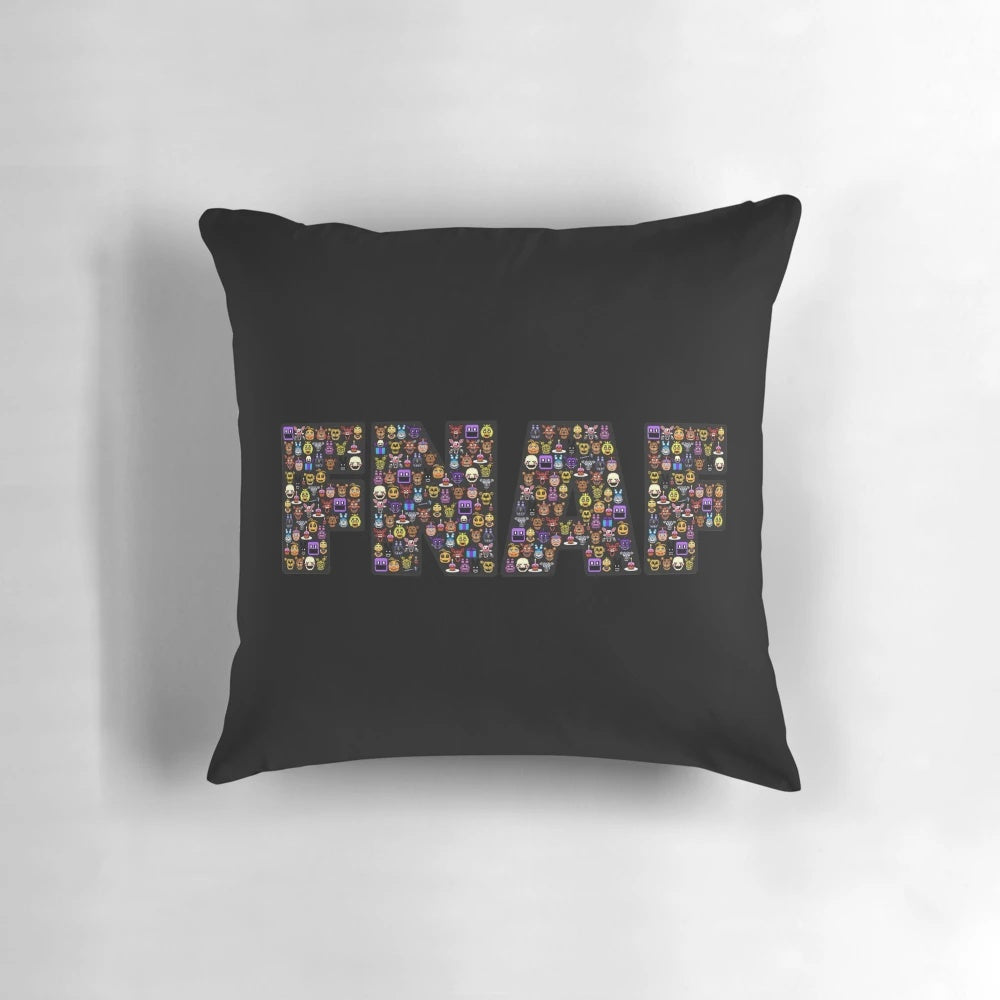 Retro-style FNAF pixel art pillow with black background and typography design