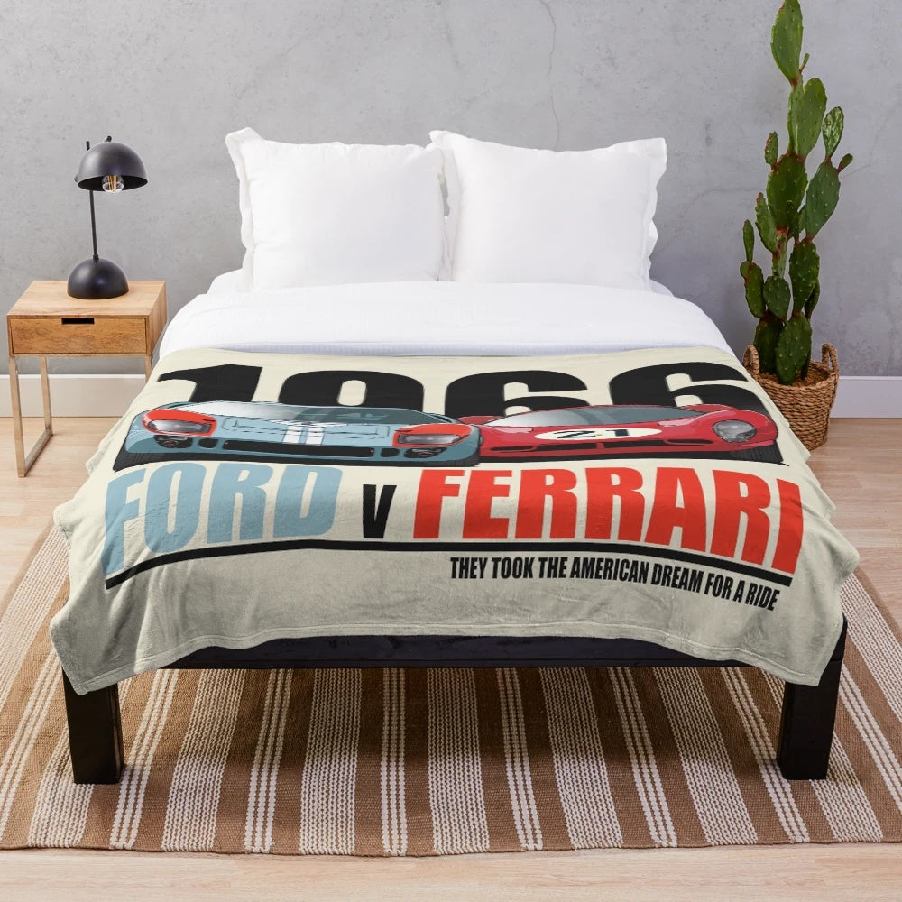 Vintage-inspired Ford vs Ferrari plush blanket with race car graphics