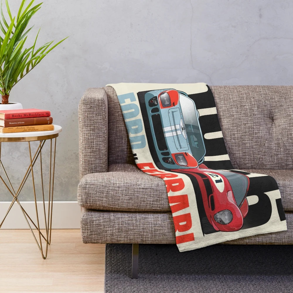 Vintage-inspired Ford vs Ferrari plush blanket with race car graphics