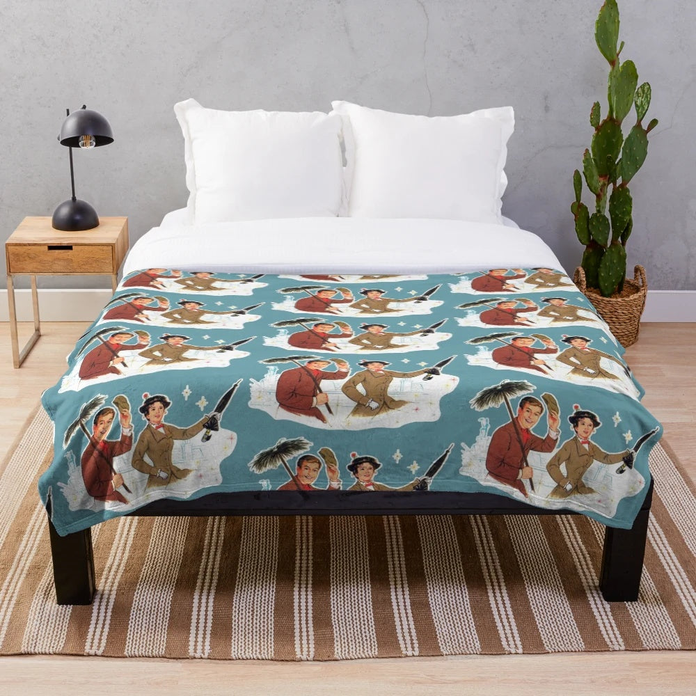 Retro-style plush blanket featuring the characters Mary Poppins and Bert from the classic Disney movie