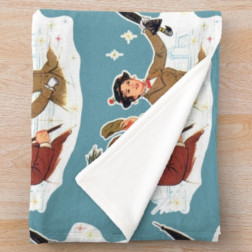Retro-style plush blanket featuring the characters Mary Poppins and Bert from the classic Disney movie
