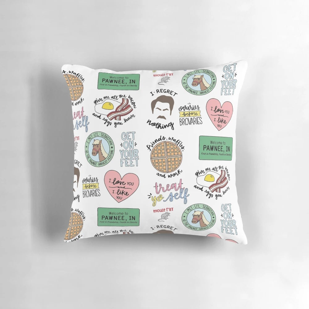 Retro-style throw pillow featuring artwork inspired by the TV show Parks and Recreation