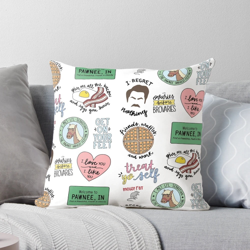 Retro-style throw pillow featuring artwork inspired by the TV show Parks and Recreation