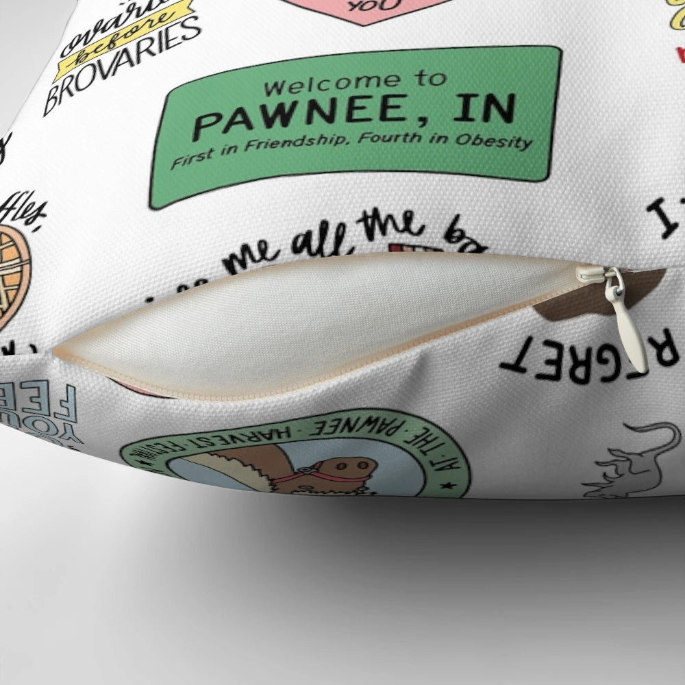 Retro-style throw pillow featuring artwork inspired by the TV show Parks and Recreation
