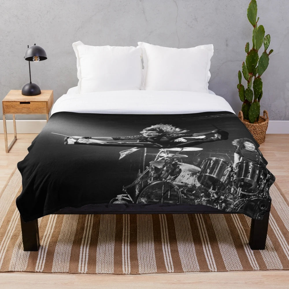 Retro-style plush blanket with music and karate-inspired design