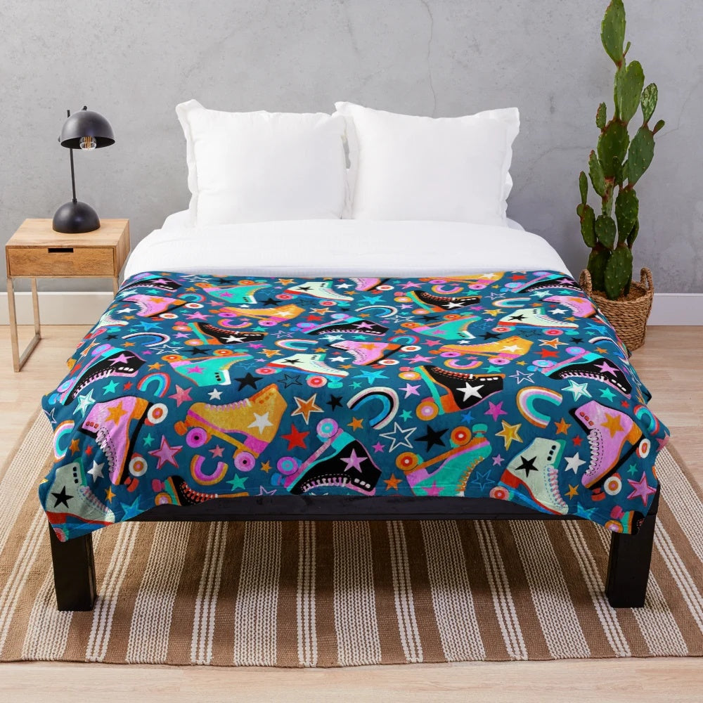Retro plush blanket with colorful rainbow roller skates and stars pattern