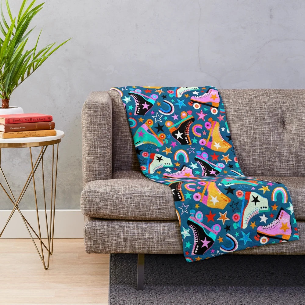 Retro plush blanket with colorful rainbow roller skates and stars pattern