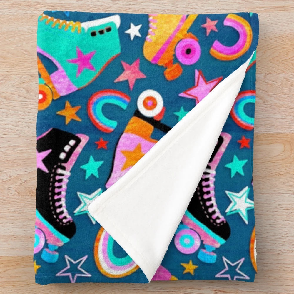 Retro plush blanket with colorful rainbow roller skates and stars pattern