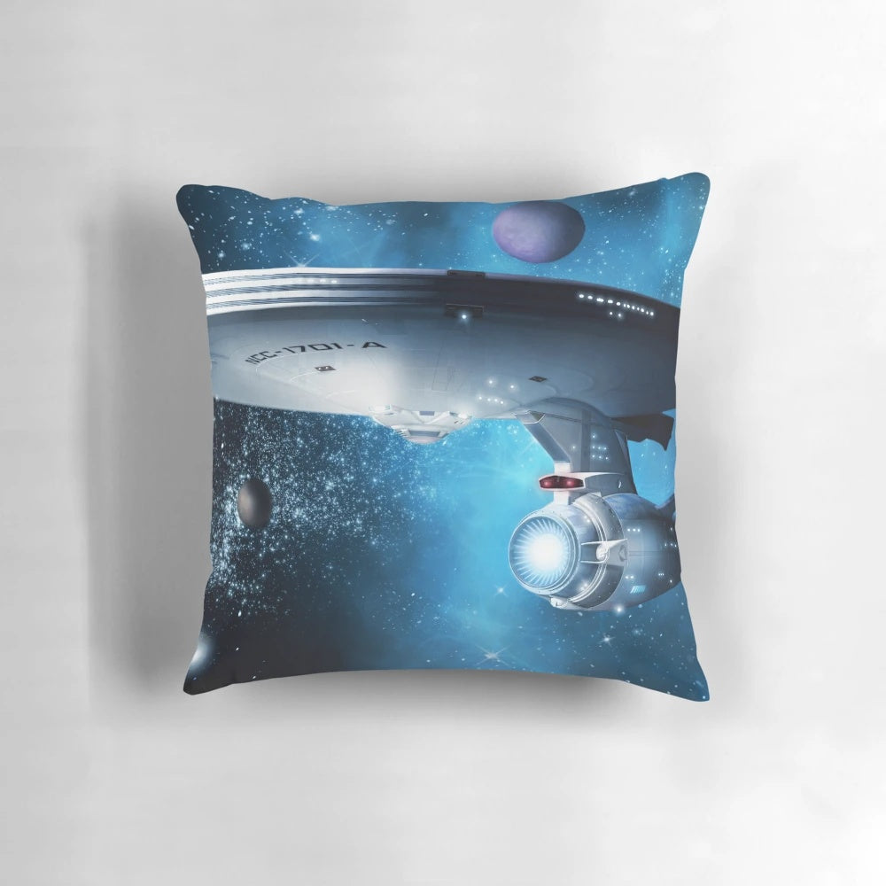 Retro-style Star Trek inspired throw pillow with bold graphic design