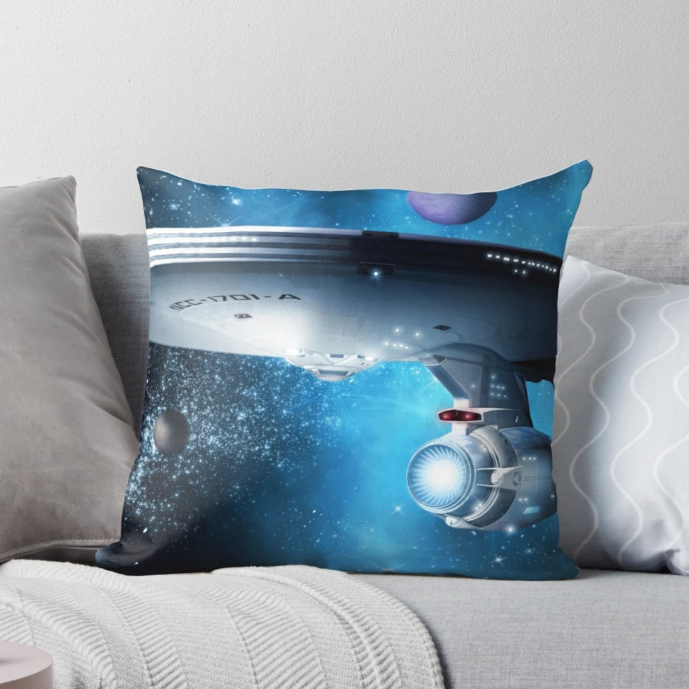 Retro-style Star Trek inspired throw pillow with bold graphic design