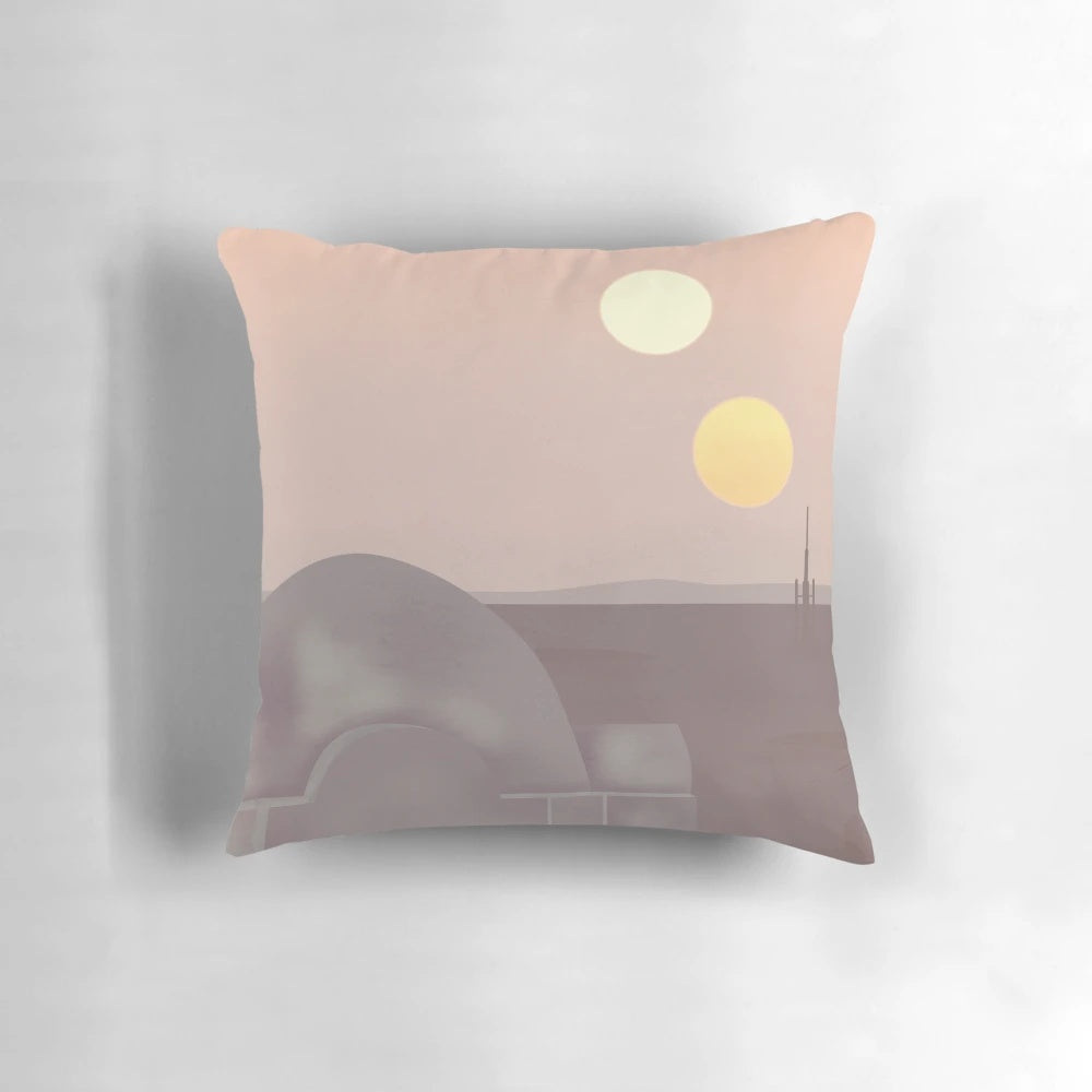 Retro-style travel pillow featuring a Tatooine landscape design for Star Wars fans