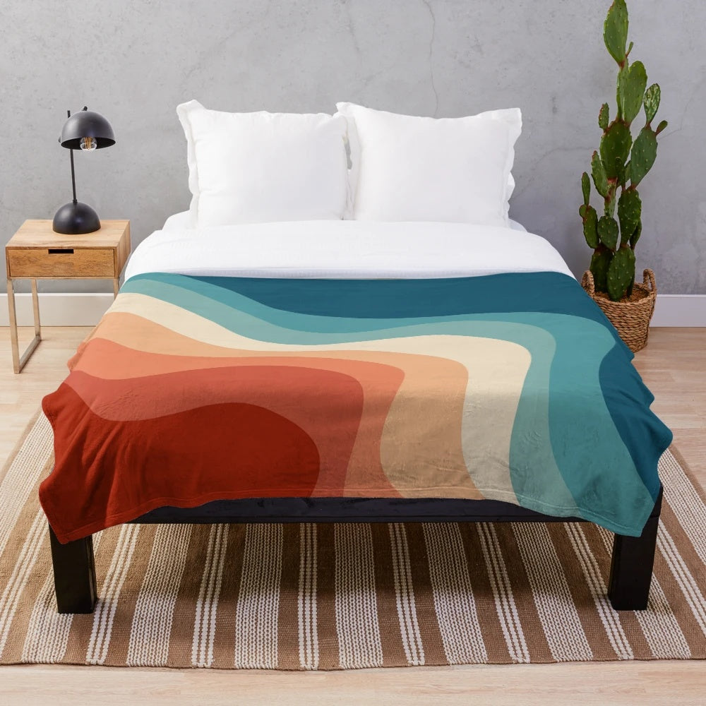 Retro style waves plush blanket with geometric abstract design