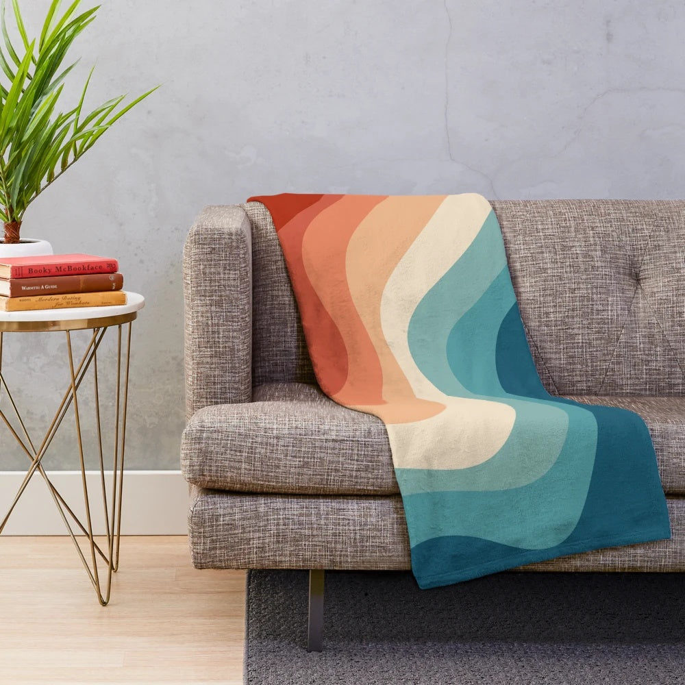 Retro style waves plush blanket with geometric abstract design