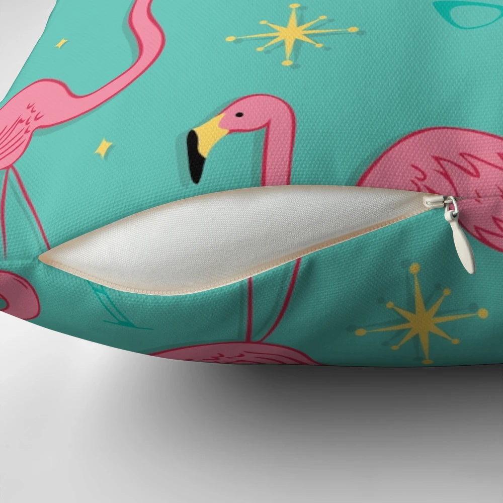 Vibrant pink and white suburban-themed pillow with a retro 1950s-inspired flamingo print