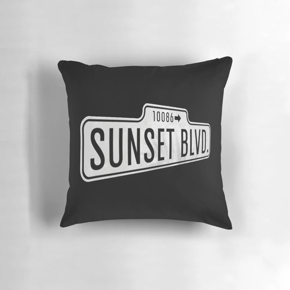 Retro Sunset Blvd Hollywood Sign Pillow featuring a vintage-inspired design inspired by the iconic Sunset Boulevard