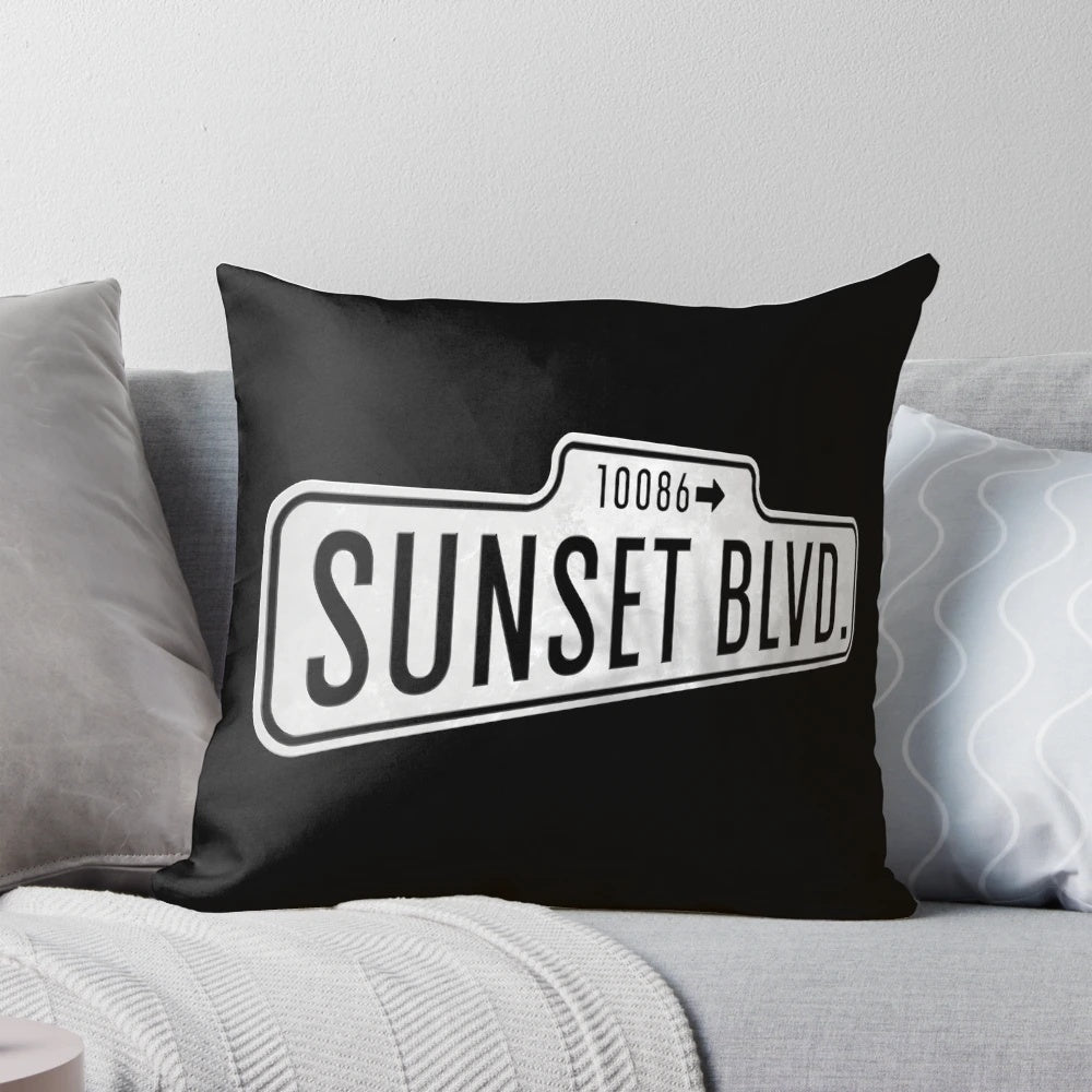Retro Sunset Blvd Hollywood Sign Pillow featuring a vintage-inspired design inspired by the iconic Sunset Boulevard