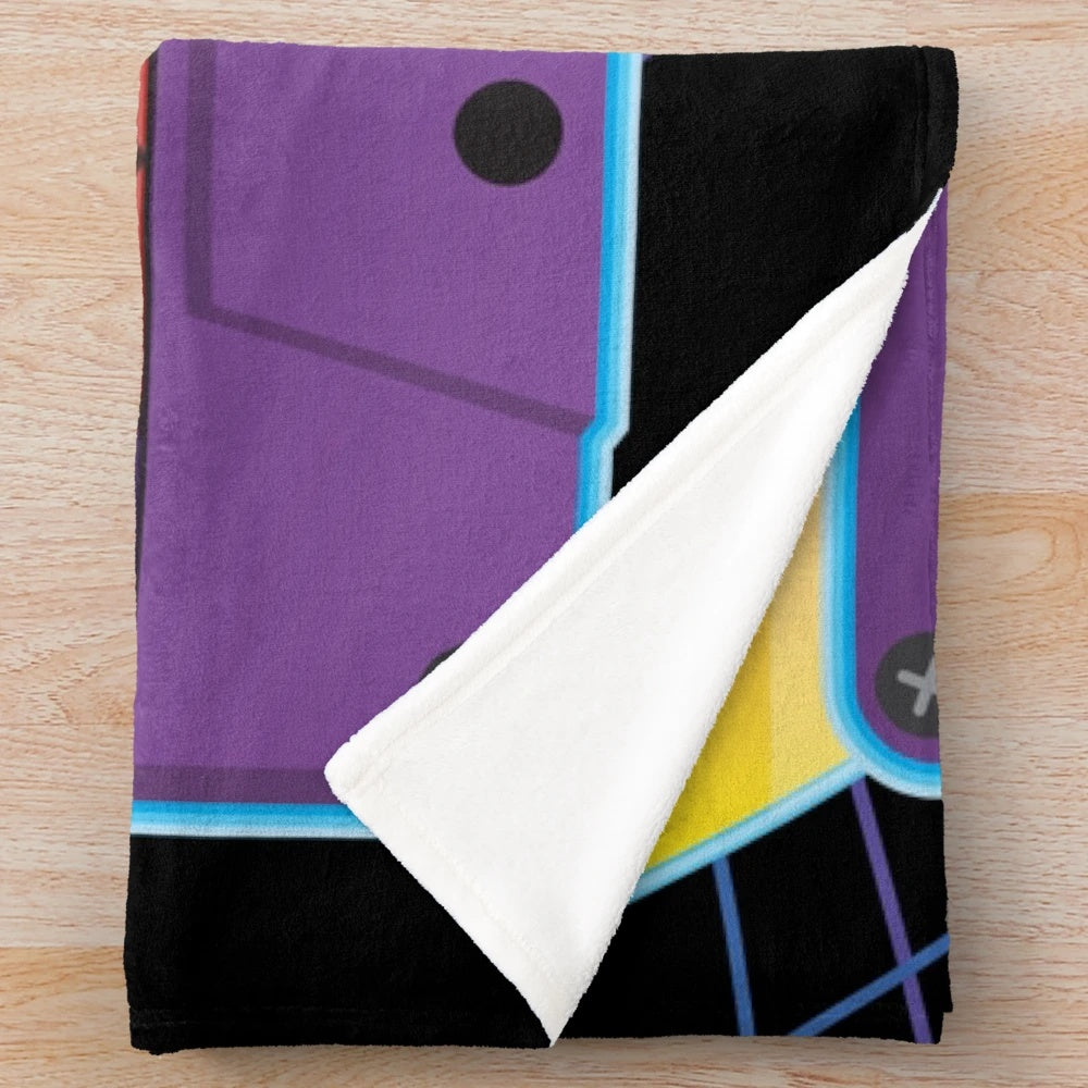 Retro 80s-inspired plush blanket with cassette tape, sunset, palm trees, and sports car design
