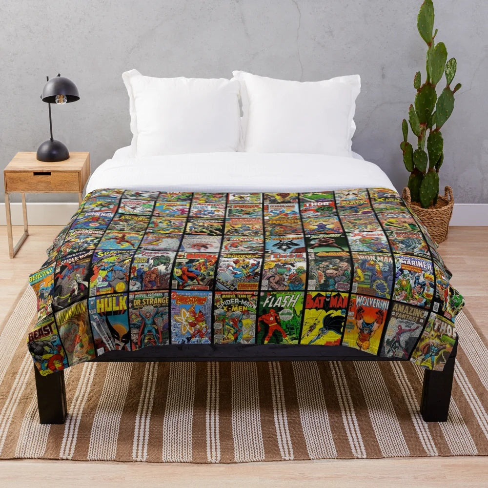 Vintage superhero comic book collection pattern plush blanket