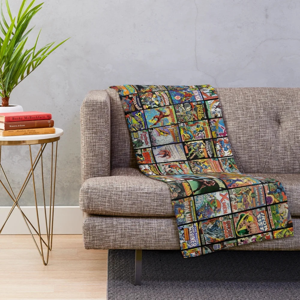 Vintage superhero comic book collection pattern plush blanket