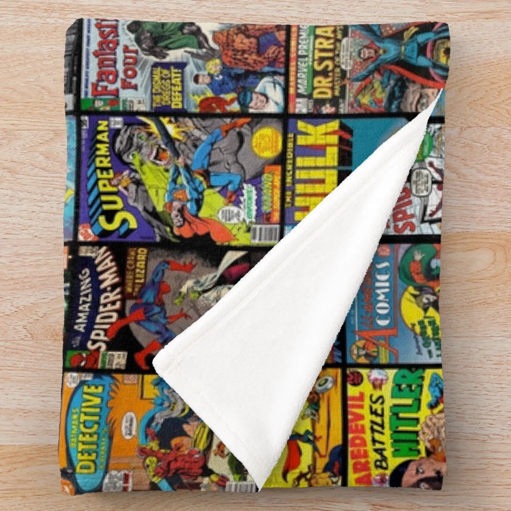 Vintage superhero comic book collection pattern plush blanket
