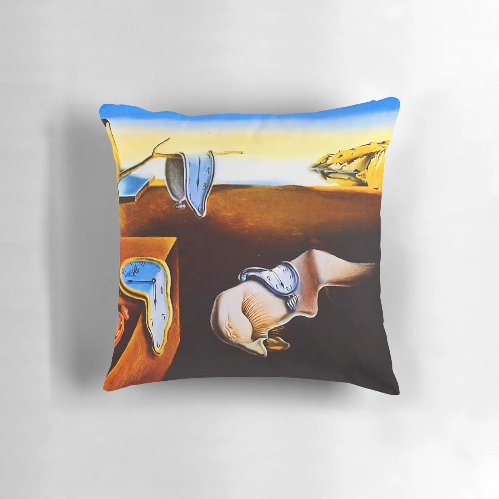 Throw pillow featuring Salvador Dali's iconic 'Persistence of Memory' surreal landscape painting