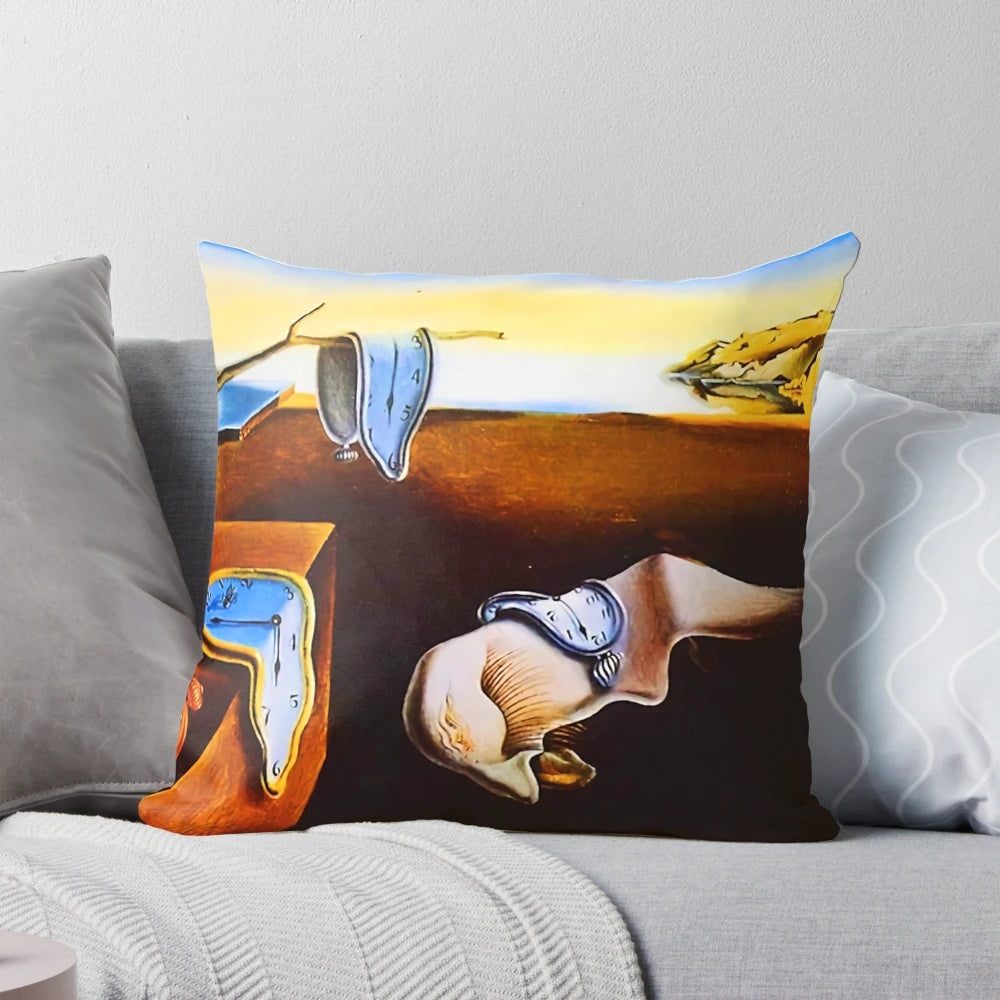 Throw pillow featuring Salvador Dali's iconic 'Persistence of Memory' surreal landscape painting