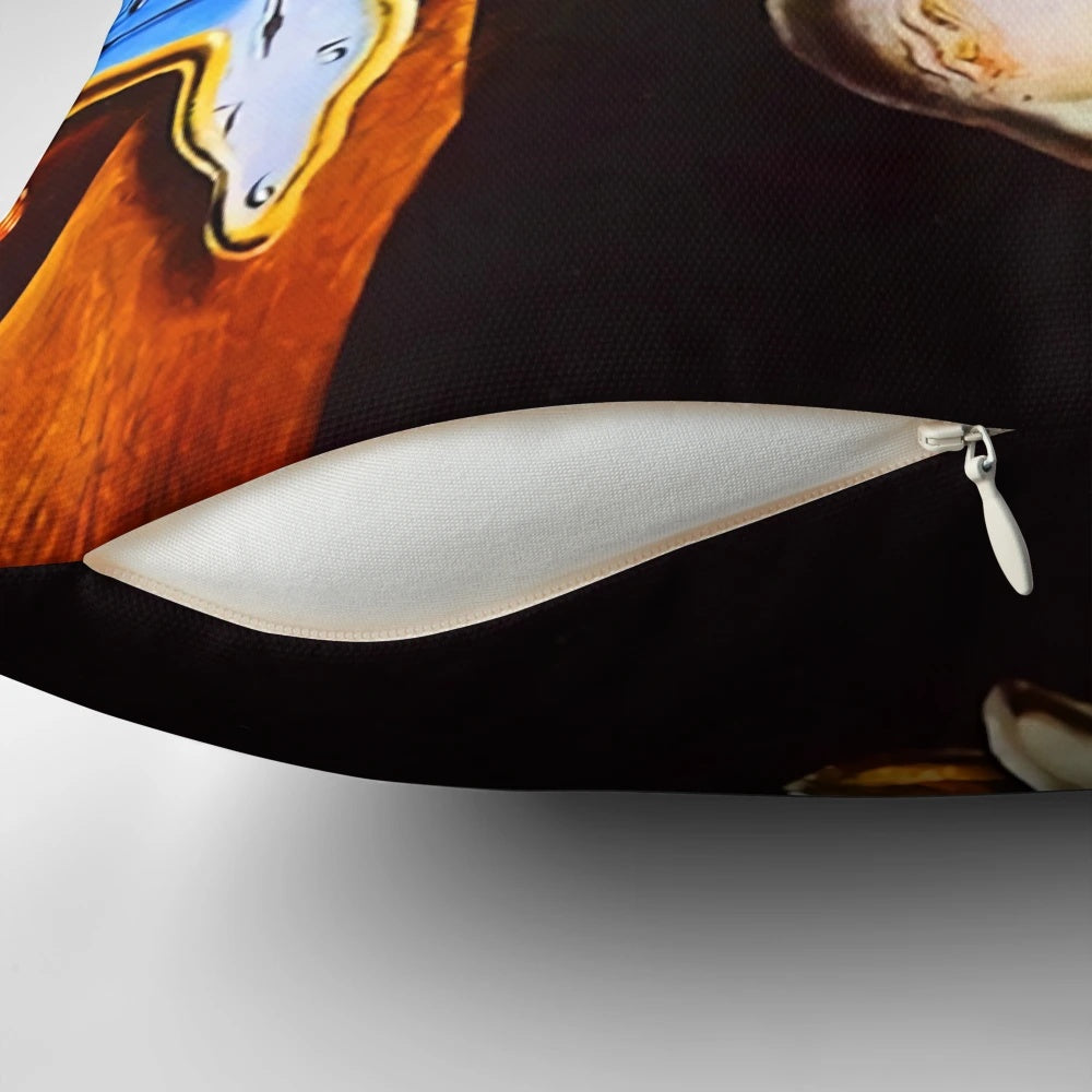 Throw pillow featuring Salvador Dali's iconic 'Persistence of Memory' surreal landscape painting
